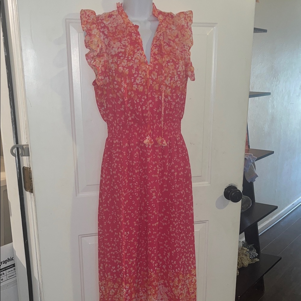 MSK Pink and Orange Floral Midi Dress